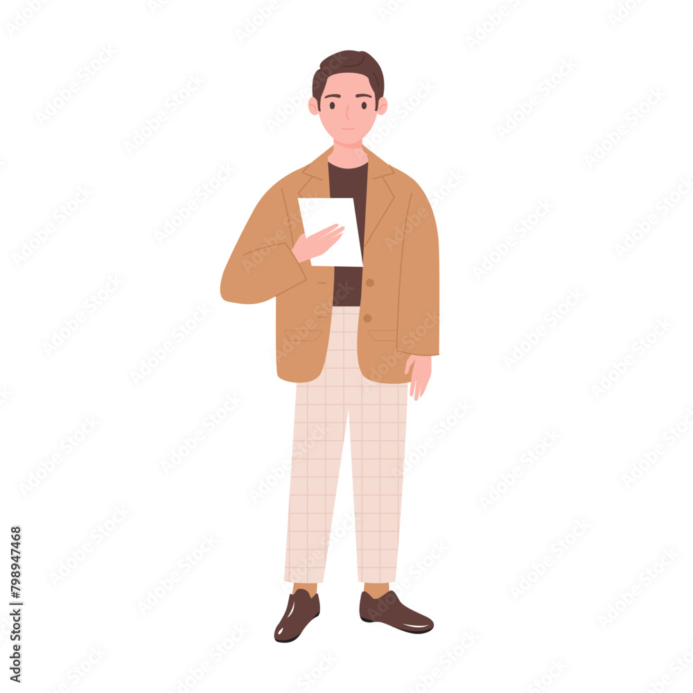 Young man in elegant outfit standing with paper document, professional office manager posing vector illustration Young man in elegant outfit standing with paper document, professional office manager posing vector illustration