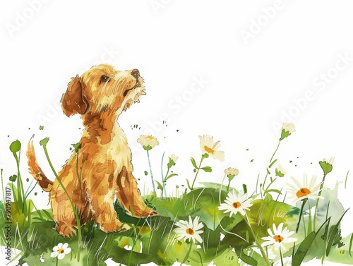 A playful puppy wags its tail in a field of daisies, minimal watercolor style illustration isolated on white background photo