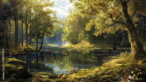 In the heart of an ancient forest  a tranquil lake mirrors the verdant canopy above.