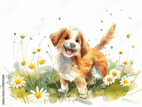 A playful puppy wags its tail in a field of daisies, minimal watercolor style illustration isolated on white background photo