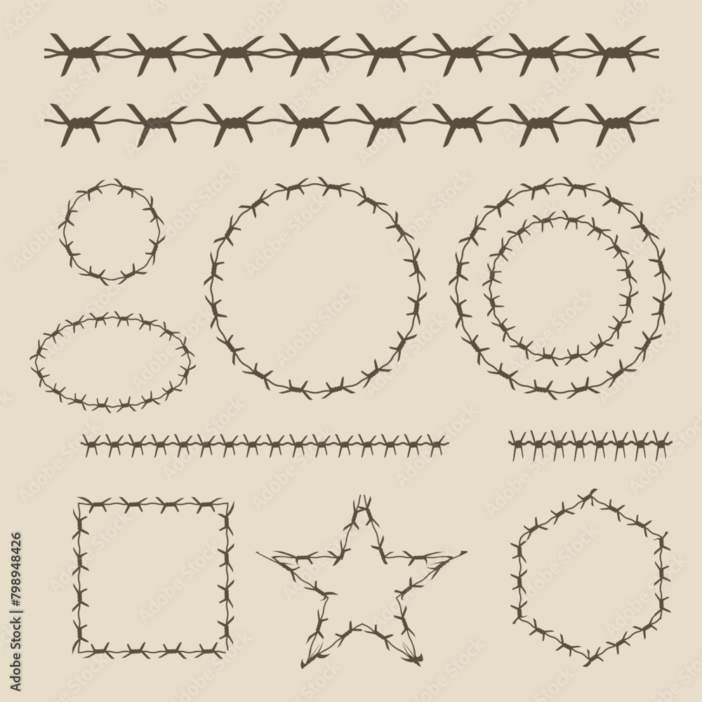 Obraz premium Barbed or barb wire vector illustration of seamless realistic 3D metallic fence wires with sharp edges isolated on white background