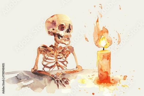 A skeleton grins beside a flickering candle, adding to the Halloween ambiance, minimal watercolor style illustration isolated on white background photo