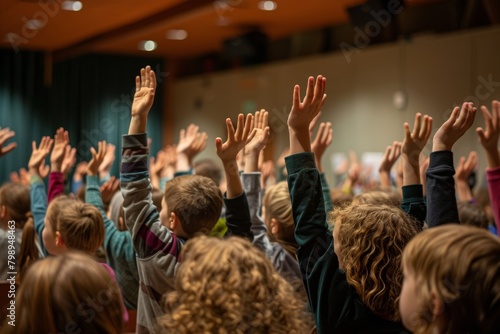 Pupils raising their hands during class at the elementary school, Generative AI © Silver Lining Shots