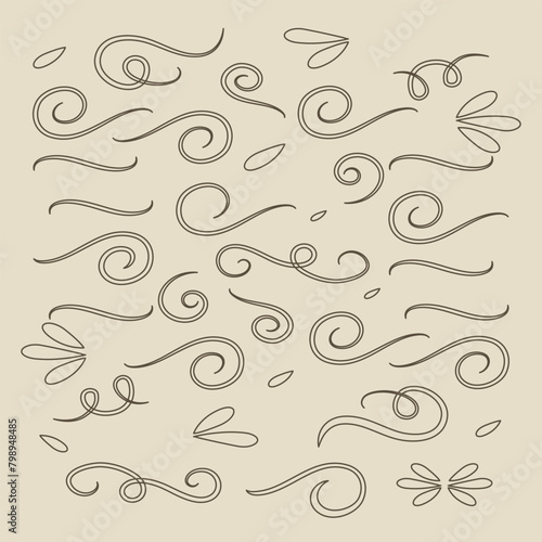 Swirl ornament strokes. Filigree swirl decoration, vintage scroll swirls. Hand drawn curly line dividers, wedding decor swirl ornament. Medieval decorative isolated vector illustration symbols set