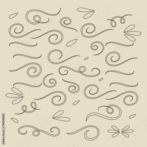 Swirl ornament strokes. Filigree swirl decoration, vintage scroll swirls. Hand drawn curly line dividers, wedding decor swirl ornament. Medieval decorative isolated vector illustration symbols set