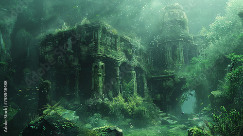 Submerged ruins of a forgotten civilization, their weathered stones adorned with luminescent moss, illuminated by the gentle gradient of an underwater twilight.