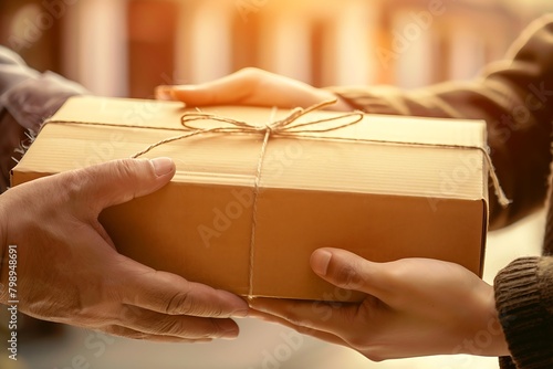 Close-up of a cardboard package being handed over from one person to another