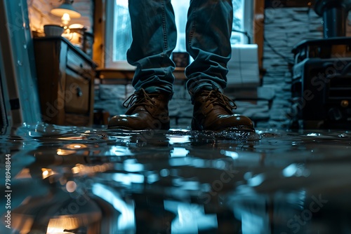 A person stands in a flooded basement, water reaching mid-calf height