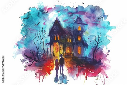 Adventurers tentatively step into a haunted house, bracing for scares, minimal watercolor style illustration isolated on white background photo