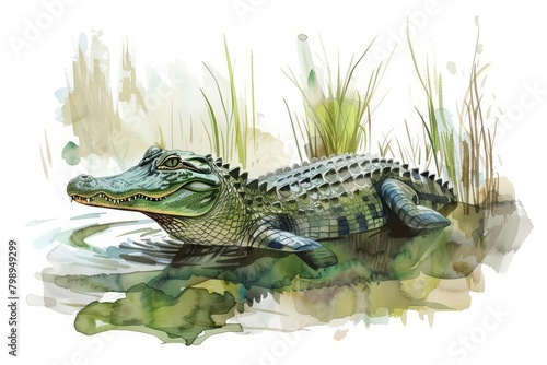 An alligator floats in a swamp, camouflaged perfectly with its surroundings, minimal watercolor style illustration isolated on white background