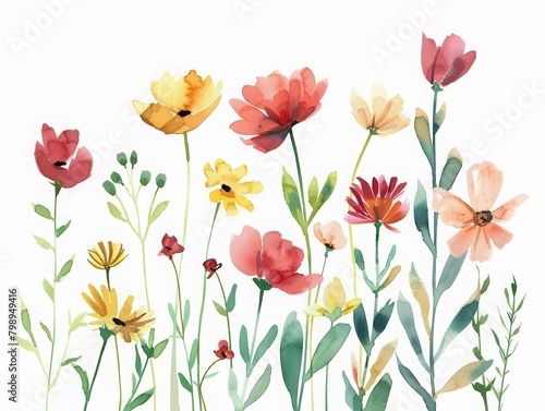 Annual flowers provide a burst of color all summer long, minimal watercolor style illustration isolated on white background © Watercolor_Kawaii