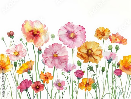 Annual flowers provide a burst of color all summer long, minimal watercolor style illustration isolated on white background