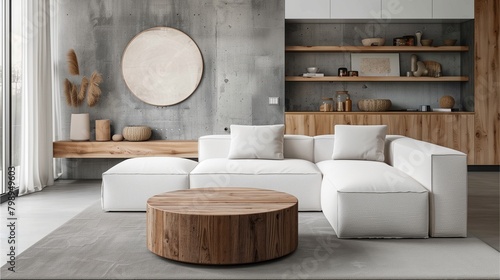 The living room has a rustic style with a white sofa, a round wooden table and wooden shelves. There is a circular area on the wall for decorating additional pictures.Generative AI illustration.