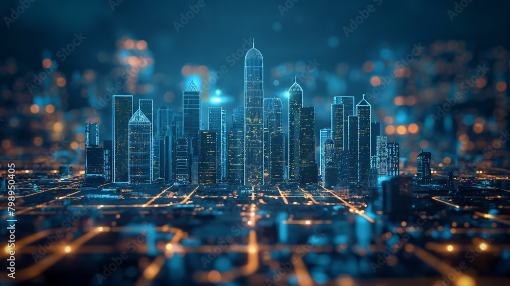 Futuristic city on digital tablet technology, smart city internet of things application system abstract blue background of internet network connection wireless communication graphical icon concept.