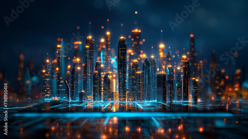 Futuristic city on digital tablet technology, smart city internet of things application system abstract blue background of internet network connection wireless communication graphical icon concept. photo