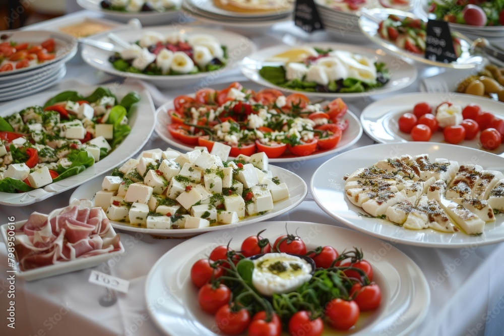 Lot Of Food. Italian Menu with Caprese Salad, Variety of Dishes on Table