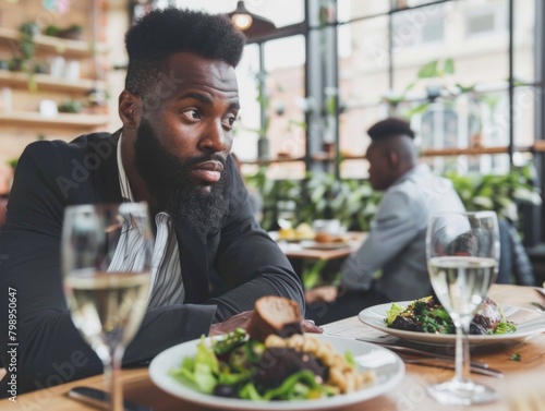 Annoying Boss: African American Businessman Bored at Bistro Lunch photo