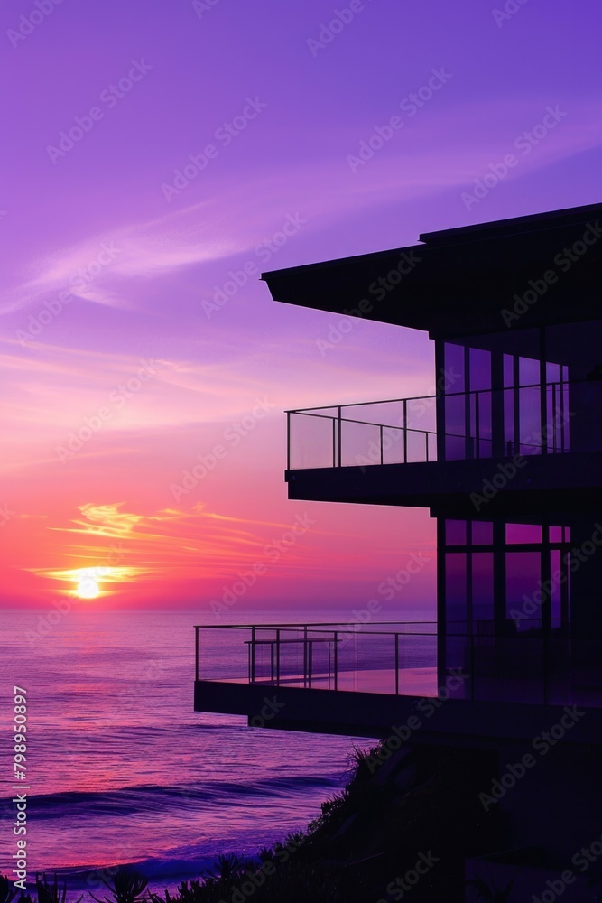 Summer Purple Sunset at the Beach House. Silhouette of High-Coloured Sky and Sun over the Ocean