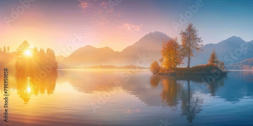 Water Autumn. Sunrise over Hintersee Lake in Bavaria, Germany. Scenic View of Alps and Nature Reflections photo