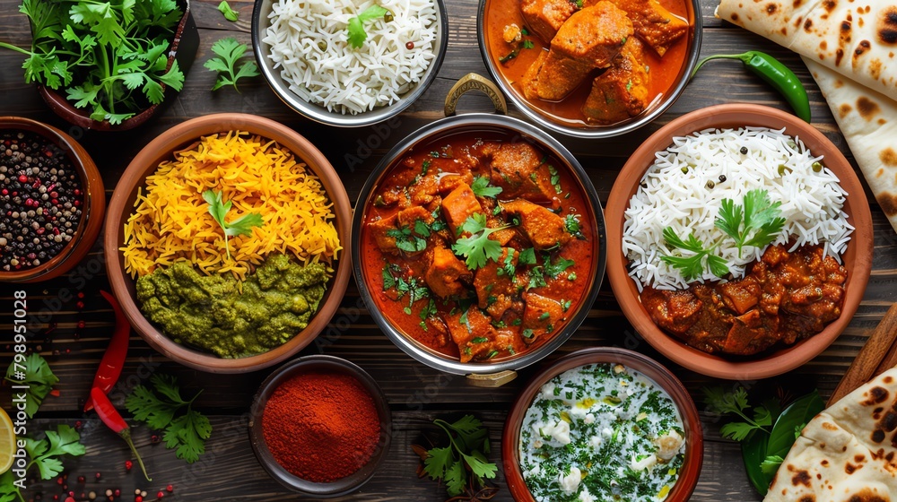Overhead shot of a colorful spread of Indian dishes on a wooden table Overhead shot of a colorful spread of Indian dishes on a wooden table
