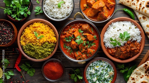 Overhead shot of a colorful spread of Indian dishes on a wooden table