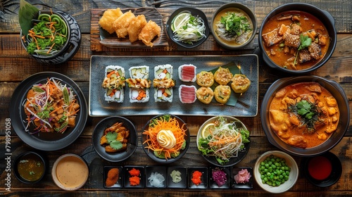 Array of diverse Asian dishes beautifully arranged on a rustic wooden table