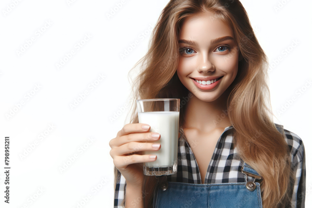 A girl holding a glass of milk in her hand. Space for text.