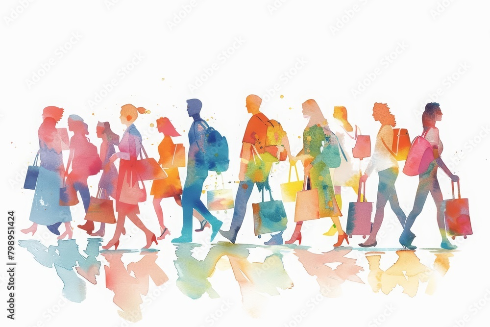 Fototapeta premium Shoppers rush to find the best deals during a Memorial Day Sale, minimal watercolor style illustration isolated on white background