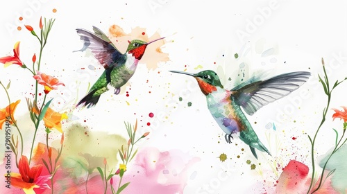 Sweet nectar attracts hummingbirds to a vibrant garden  minimal watercolor style illustration isolated on white background