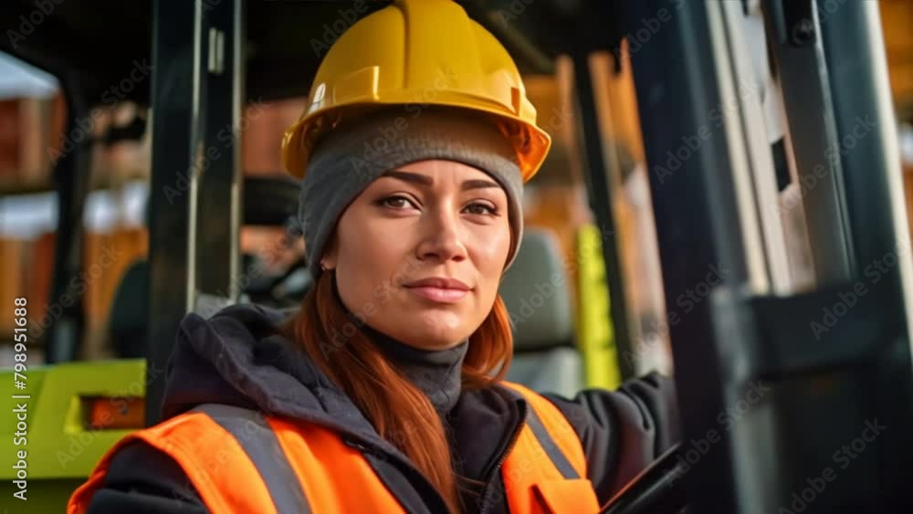 Close up of A female foreman driving forklift at shipping container yard, Industrial engineer woman drives reach stacker truck to lift cargo box at logistic terminal dock. Close up of A female foreman driving forklift at shipping container yard, Industrial engineer woman drives reach stacker truck to lift cargo box at logistic terminal dock.