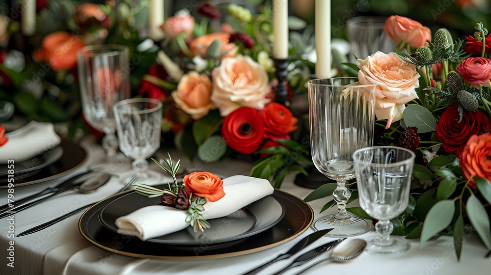 Glamorous Black and Gold Wedding Place Settings with White Napkins
