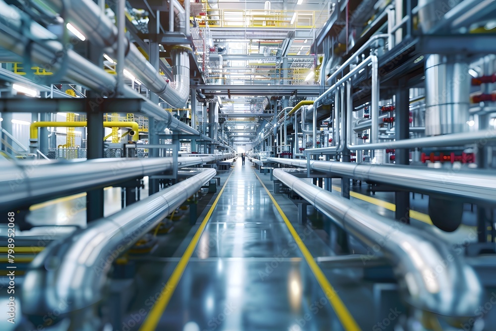 A complex network of shiny metal pipes running along the ceiling and floor of a modern industrial facility