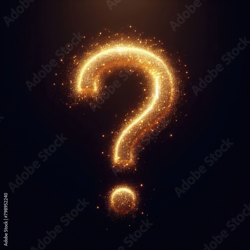 Golden glowing QUESTION MARK "?" isolated against a black background. Gold glitter sign symbol set. Glowing dust particles. Sand burst with sparkling magical bokeh glow. interrogation mark