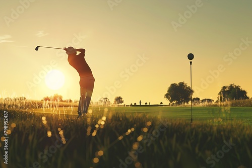 an elegant golfer in mid-swing on a serene golf course at sunset photo