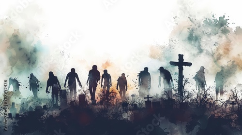 Zombies shuffle through a graveyard, part of a spooky Halloween scene, minimal watercolor style illustration isolated on white background