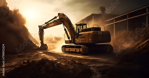 The powerful excavator effortlessly deposits sand into the awaiting industrial truck on a scorching day, highlighting the graceful curves and dominant stature of the equipment. photo