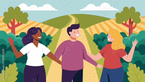 With the sound of chirping birds in the air the two friends walked through the vineyard talking about their hopes and dreams and how they could. Vector illustration