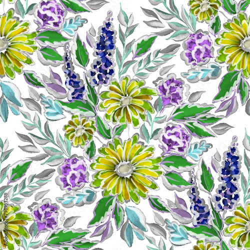 Watercolor seamless pattern with spring floral bouquets. Vintage botanical il...