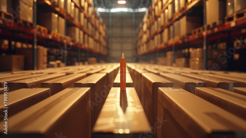 Solitary vibrant marker arises among myriad muted brown boxes in a vast warehouse floor. photo
