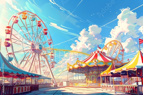 an illustration of a lively amusement park on a sunny day photo