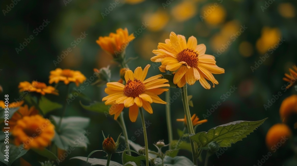 Yellow daisies and green leaves in a sunny meadow Yellow daisies and green leaves in a sunny meadow