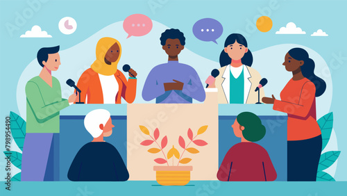 A panel discussion led by activists and community leaders focusing on current social justice issues and ways to create meaningful change.. Vector illustration