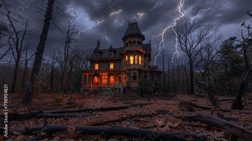 Gothicstyle haunted house illuminated only by lightning, with dead trees and a cloudy, ominous sky, great for spooky settings , high resolution DSLR photo