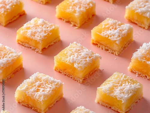 High angle view of pineapple coconut bars arranged in a pattern on a pastel tablecloth, great for a festive party or event display , Pop art style