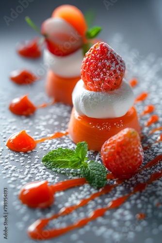 Innovative dessert presentation using carrotstrawberry puree, artistically plated with cream and mint, demonstrating the hybrida  s versatility in gourmet cuisine , impressive cubism art style photo