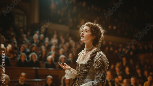 beautiful opera singer in elegant costume performing on stage in front of audience
