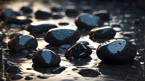 Illustration of black stones with water droplets, Art Styles: Realistic and stylized, Art Inspirations: Nature illustrations and macro art, Camera: Digital painting software camera, Shot: Medium shot  photo