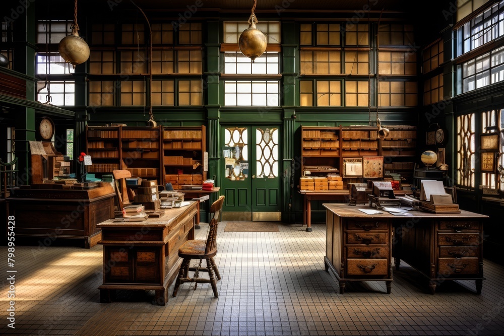 A Vintage Post Office from the 1920s, Complete with Antique Mailboxes, Wooden Desks, and a Classic American Flag