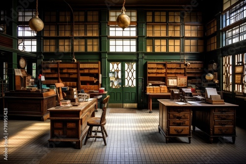 A Vintage Post Office from the 1920s, Complete with Antique Mailboxes, Wooden Desks, and a Classic American Flag © aicandy