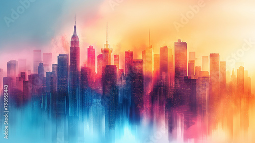 Abstract city building skyline metropolitan area in contemporary color style and futuristic effects. Real estate and property development. Innovative architecture and engineering concept. photo